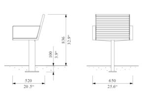 Fauteuil tout acier avec accoudoirs et 1 seul pied ALEXAIN plan