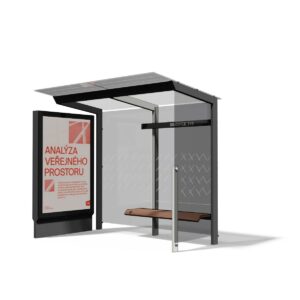 Abribus avec banc à droite parois et panneau publicitaire LES LILAS