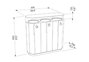 Corbeille bois de tri 3 flux avec protection MÉRIBEL plan