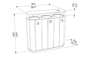 Corbeille bois de tri 3 flux avec protection et cendrier MODANE plan