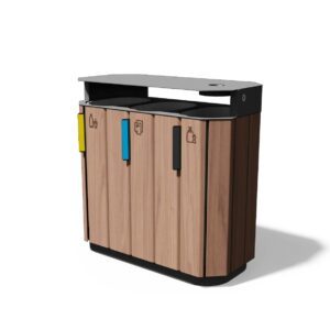Corbeille de tri sélectif 3 flux en bois couvercle et cendrier COURCHEVEL