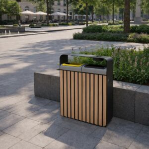 tri sélectif bois et acier double flux avec cendrier ciboure