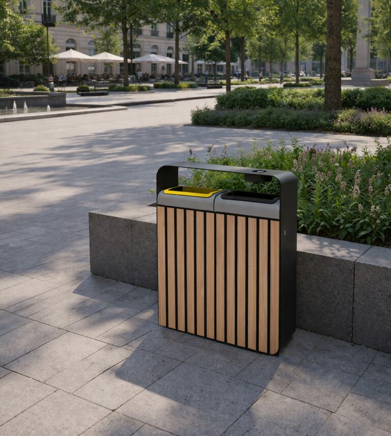 tri sélectif bois et acier double flux avec cendrier ciboure