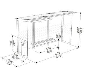 Abribus L4170mm avec banc et corbeille intégrés et 2 parois latérales DUGNY (2)