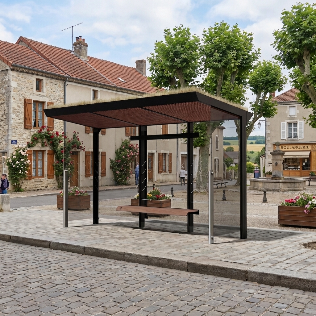 Abribus L4170mm avec parois latéales et banc et toit vert STAINS