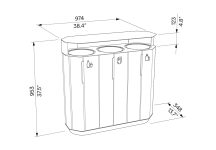 Corbeille bois de tri 3 flux avec protection MÉRIBEL plan