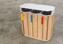 Corbeille de tri sélectif 3 flux en bois avec couvercle AVRIEUX.
